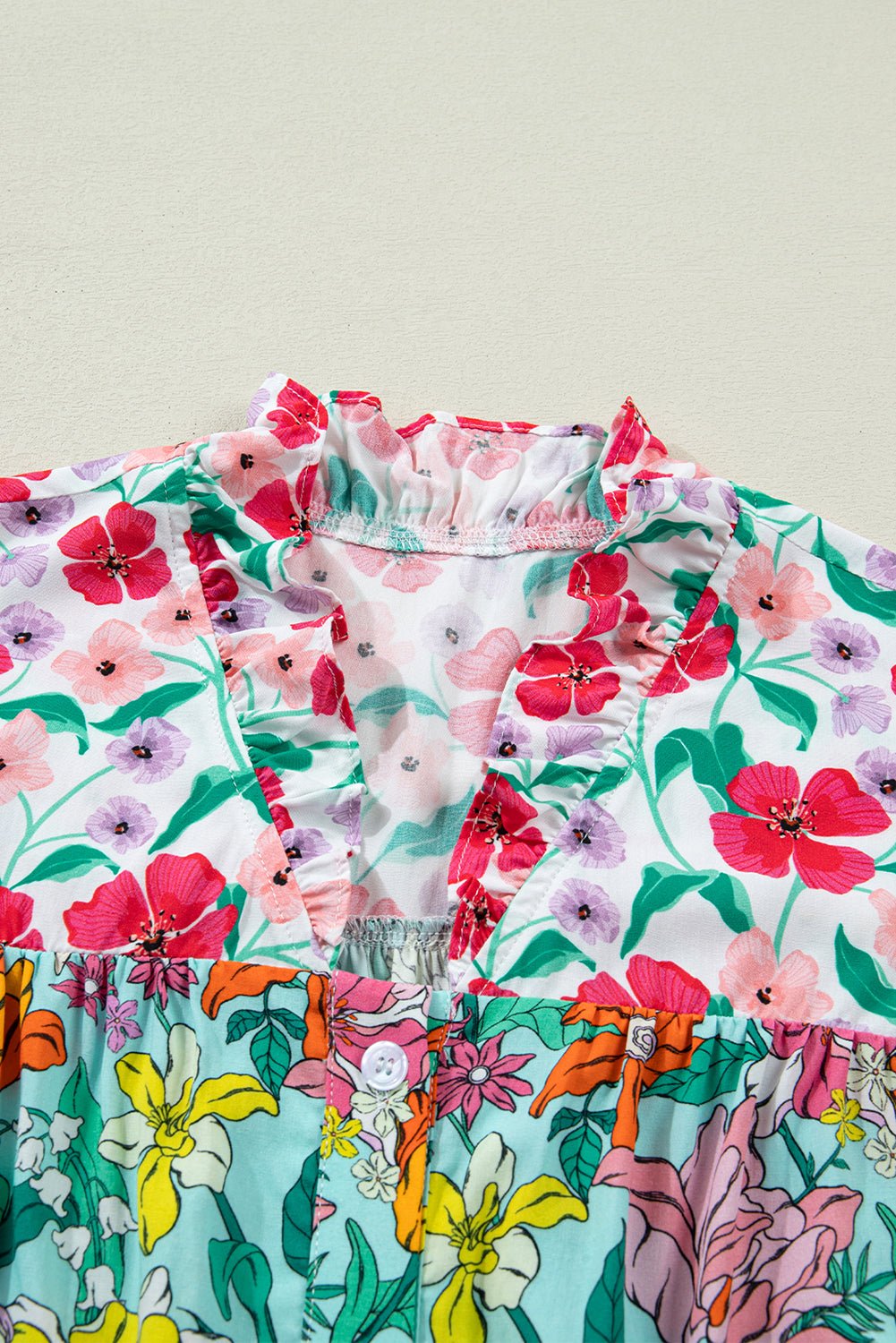 Floral Flutter Sleeve Split Neck Buttoned Blouse - Rooted & Reckless Co.