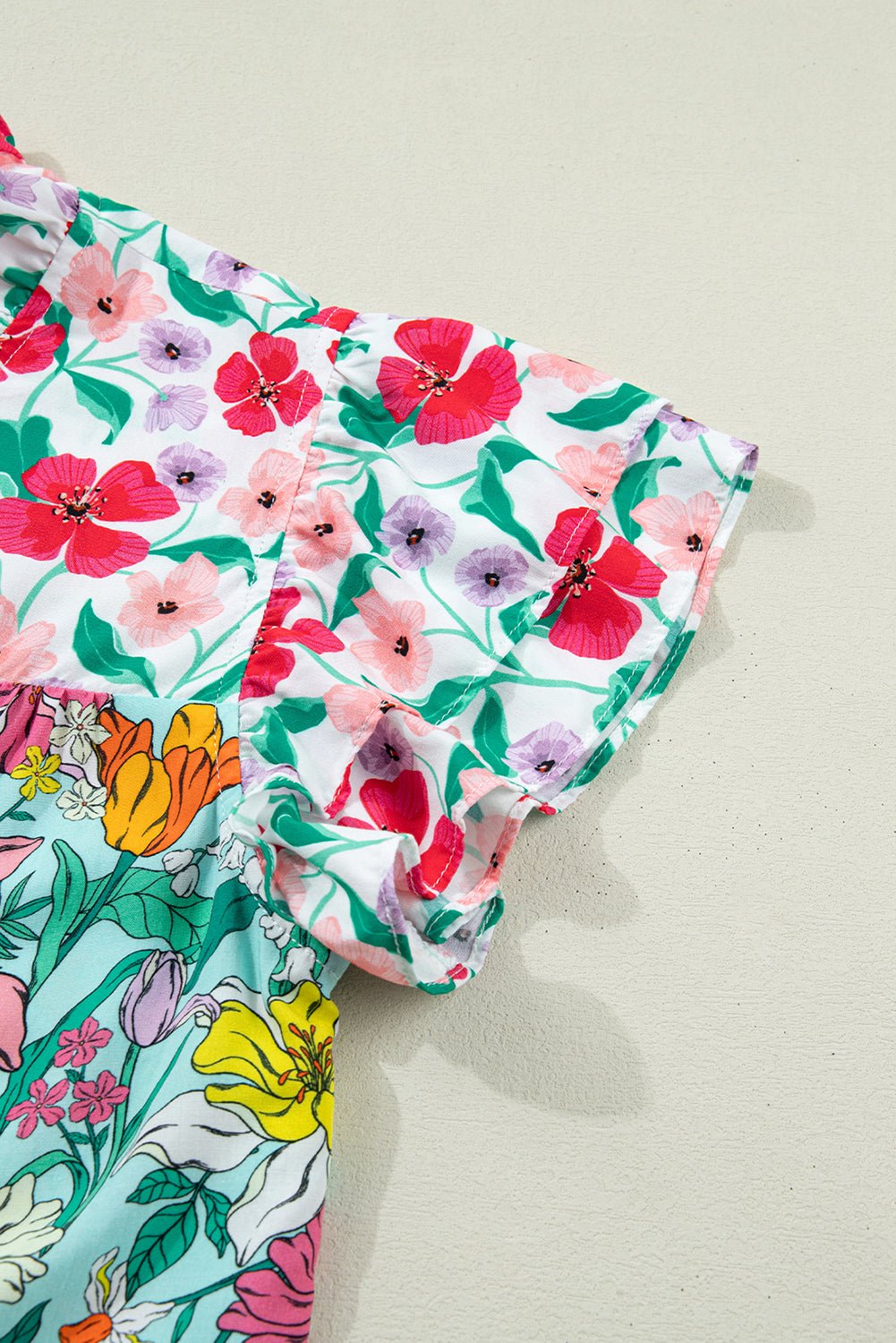 Floral Flutter Sleeve Split Neck Buttoned Blouse - Rooted & Reckless Co.