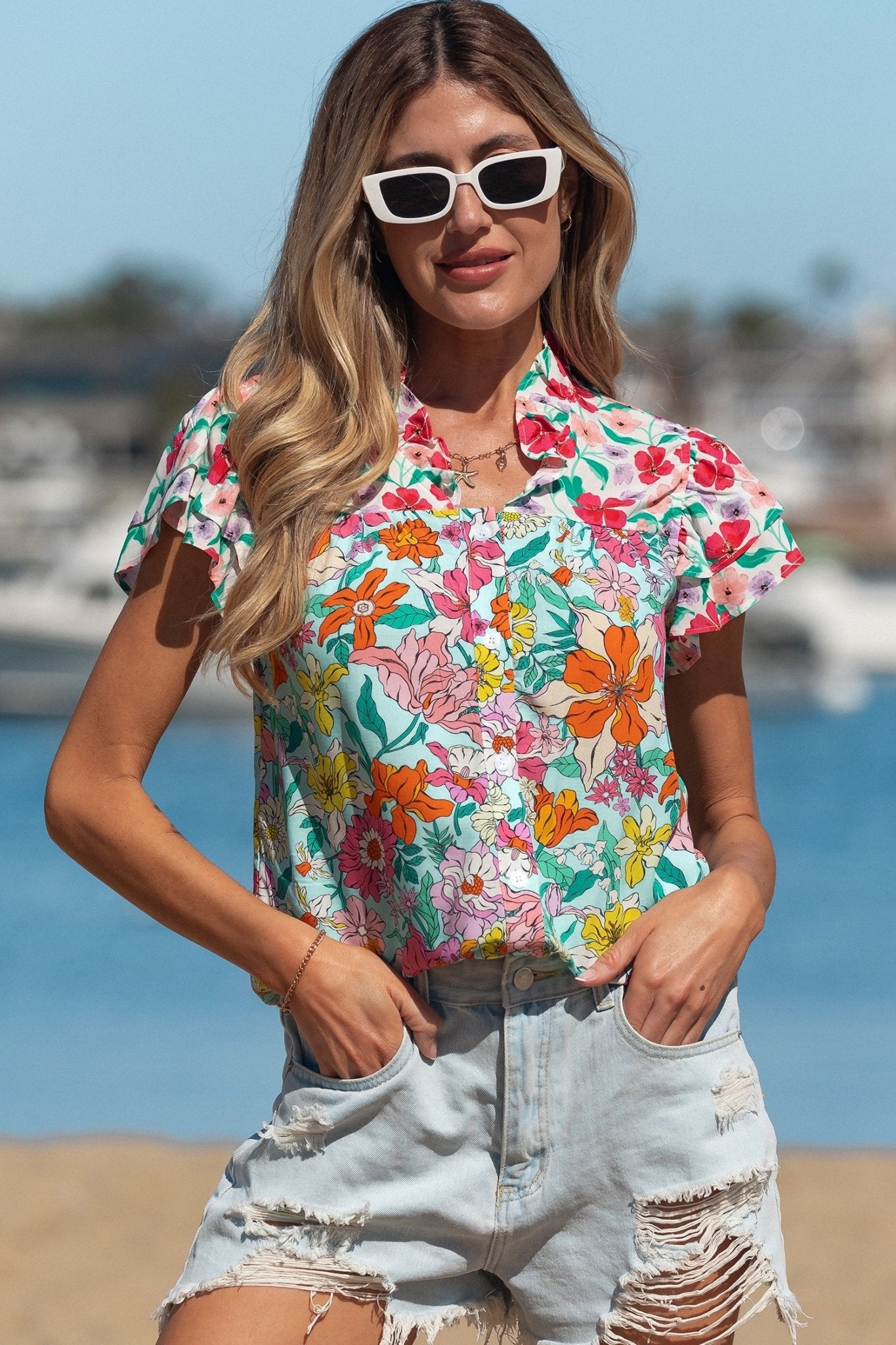 Floral Flutter Sleeve Split Neck Buttoned Blouse - Rooted & Reckless Co.