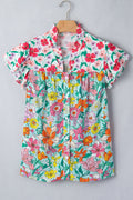 Floral Flutter Sleeve Split Neck Buttoned Blouse - Rooted & Reckless Co.