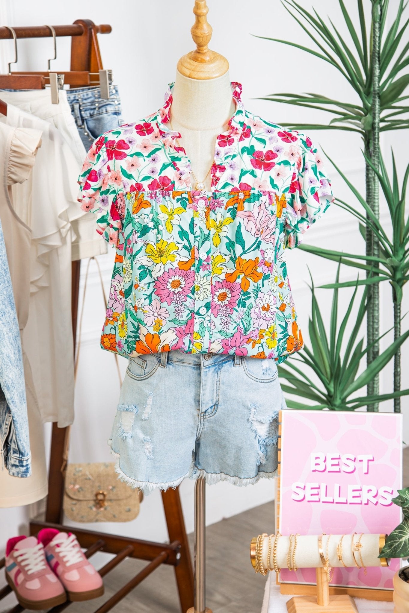 Floral Flutter Sleeve Split Neck Buttoned Blouse - Rooted & Reckless Co.