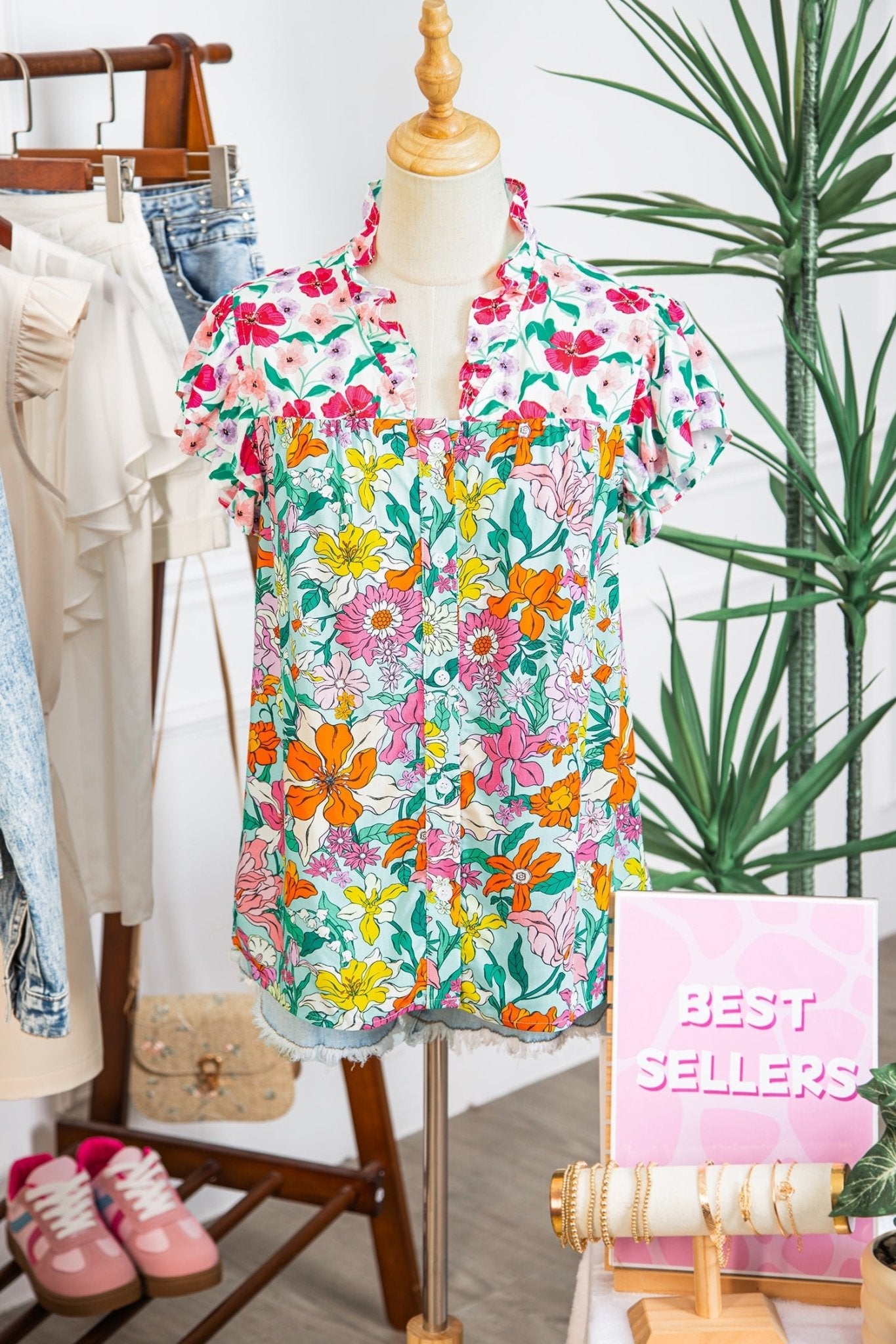 Floral Flutter Sleeve Split Neck Buttoned Blouse - Rooted & Reckless Co.