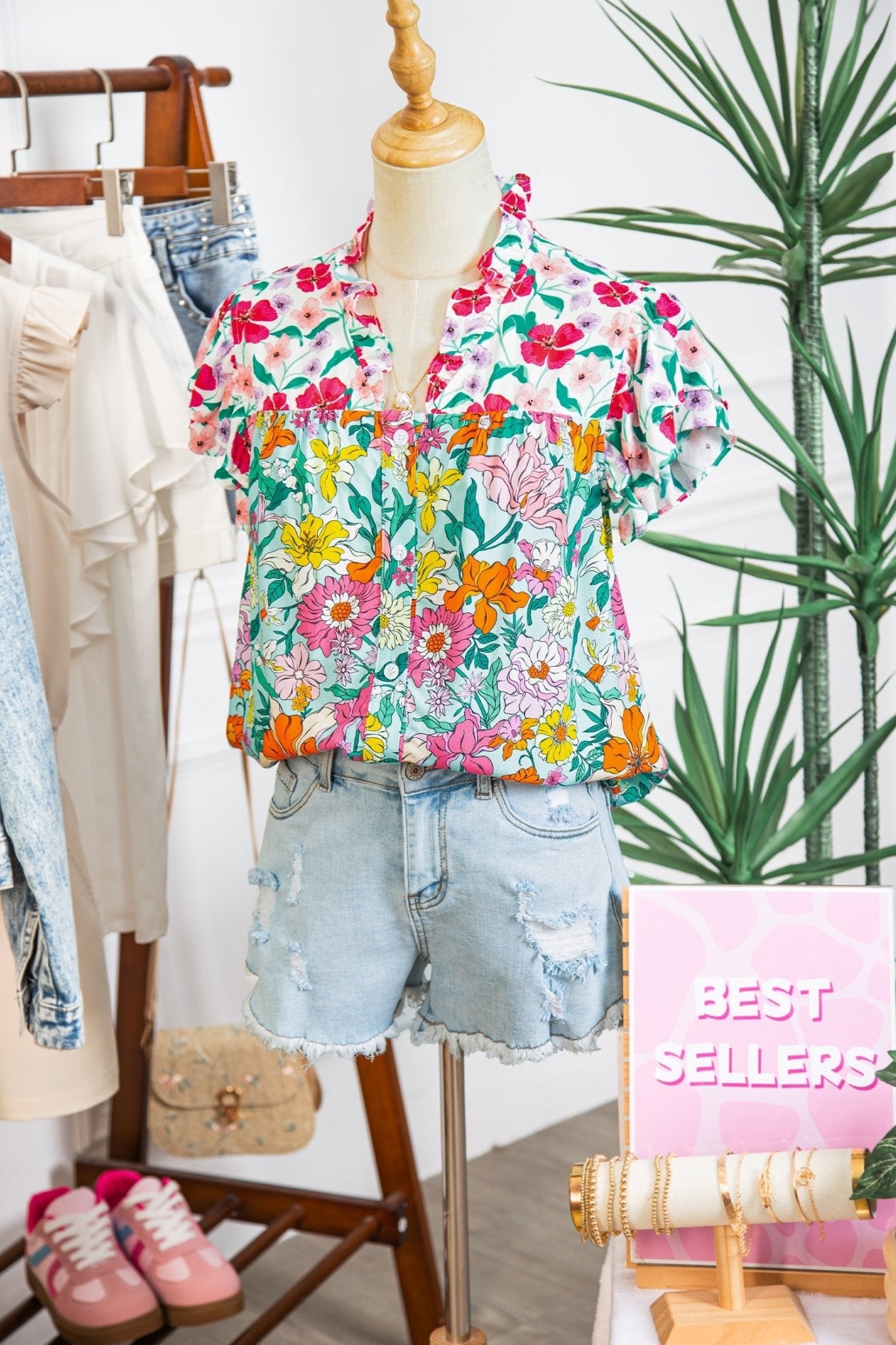 Floral Flutter Sleeve Split Neck Buttoned Blouse - Rooted & Reckless Co.