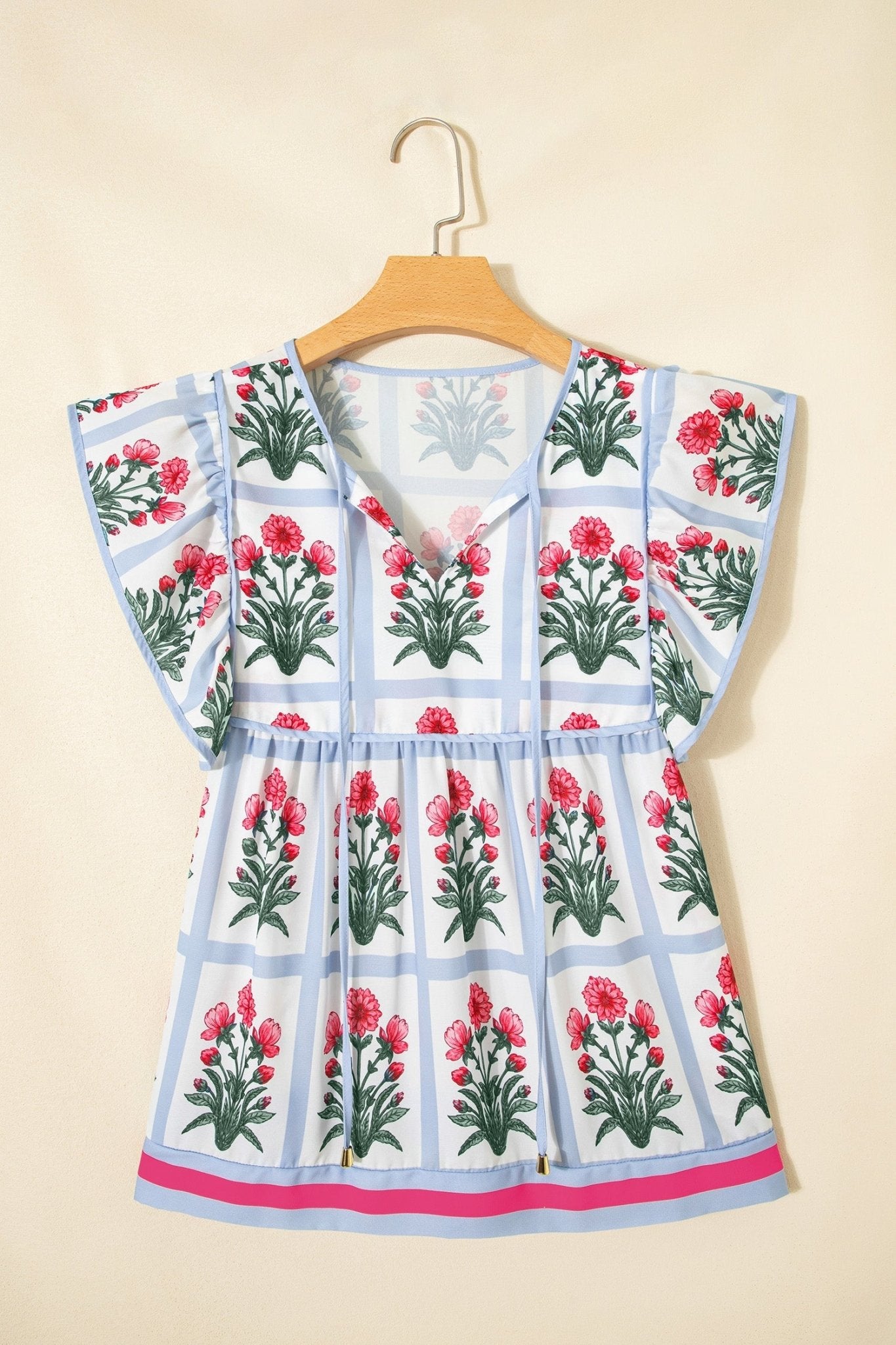 Floral Flutter Sleeve Split V-Neck Top - Rooted & Reckless Co.