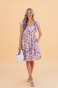 Floral Flutter Sleeve Square Neck Mini Dress - Rooted & Reckless Co.