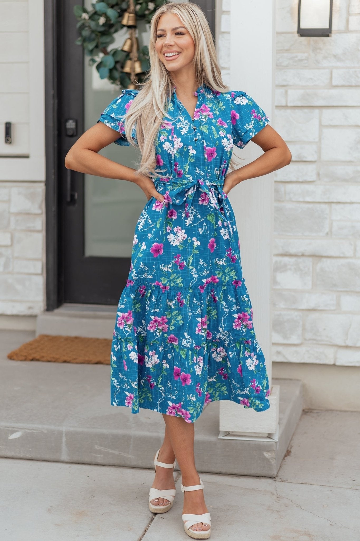 Floral Flutter Sleeve Tie Neck Belted Midi Dress - Rooted & Reckless Co.