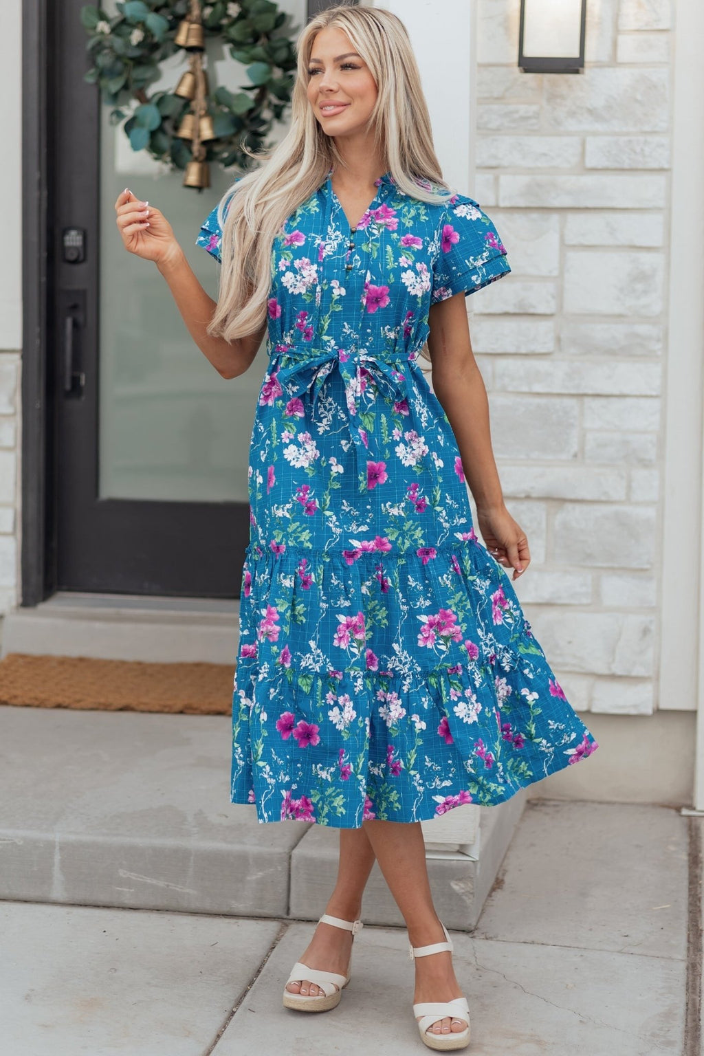 Floral Flutter Sleeve Tie Neck Belted Midi Dress - Rooted & Reckless Co.