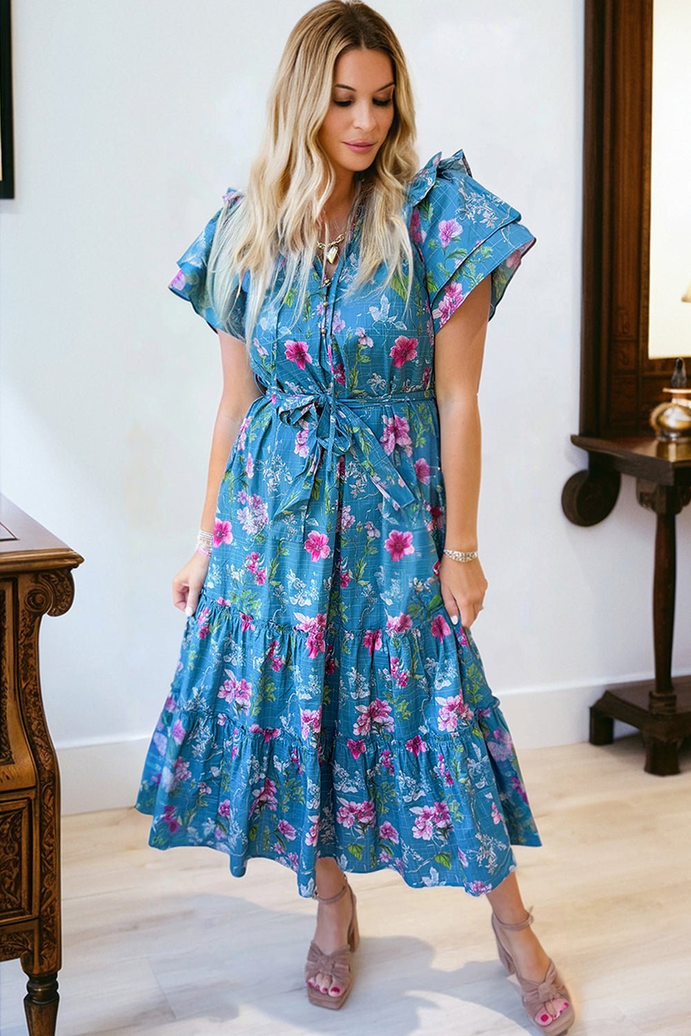 Floral Flutter Sleeve Tie Neck Belted Midi Dress - Rooted & Reckless Co.