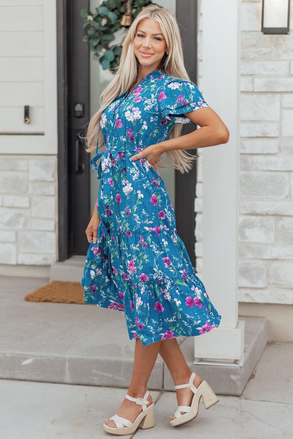 Floral Flutter Sleeve Tie Neck Belted Midi Dress - Rooted & Reckless Co.