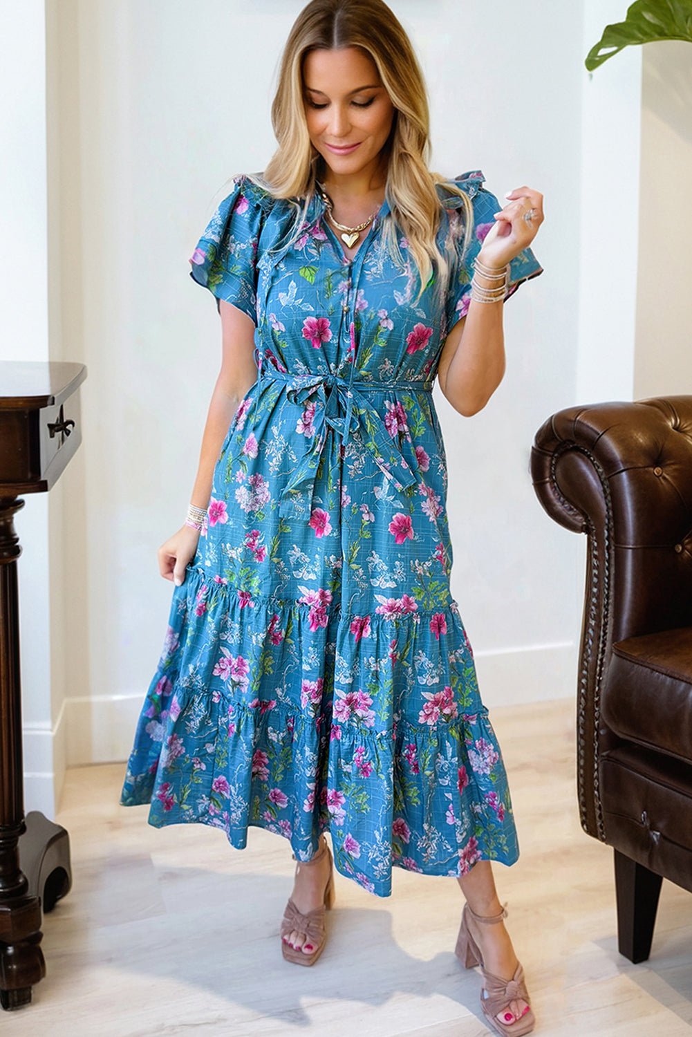Floral Flutter Sleeve Tie Neck Belted Midi Dress - Rooted & Reckless Co.