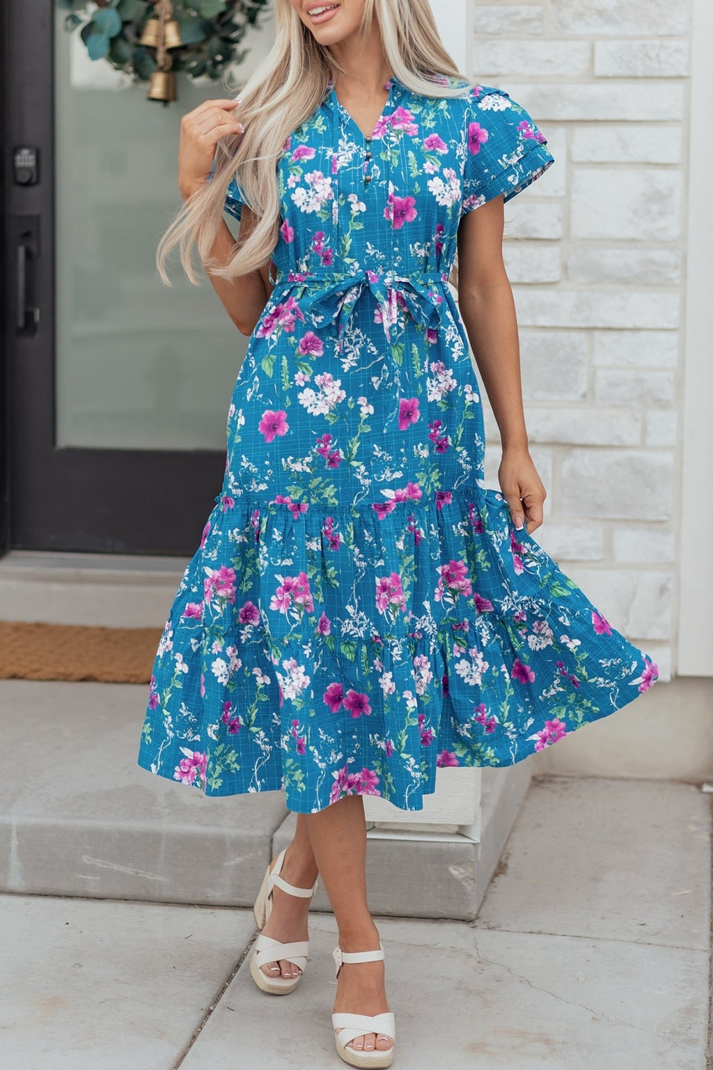Floral Flutter Sleeve Tie Neck Belted Midi Dress - Rooted & Reckless Co.