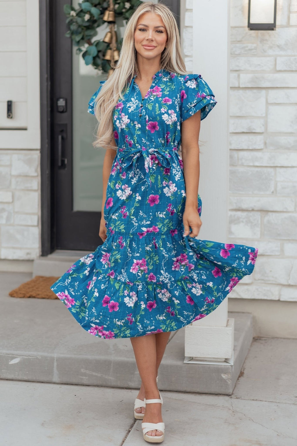 Floral Flutter Sleeve Tie Neck Belted Midi Dress - Rooted & Reckless Co.