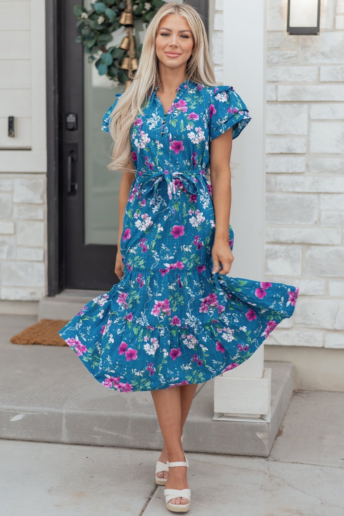 Floral Flutter Sleeve Tie Neck Belted Midi Dress - Rooted & Reckless Co.