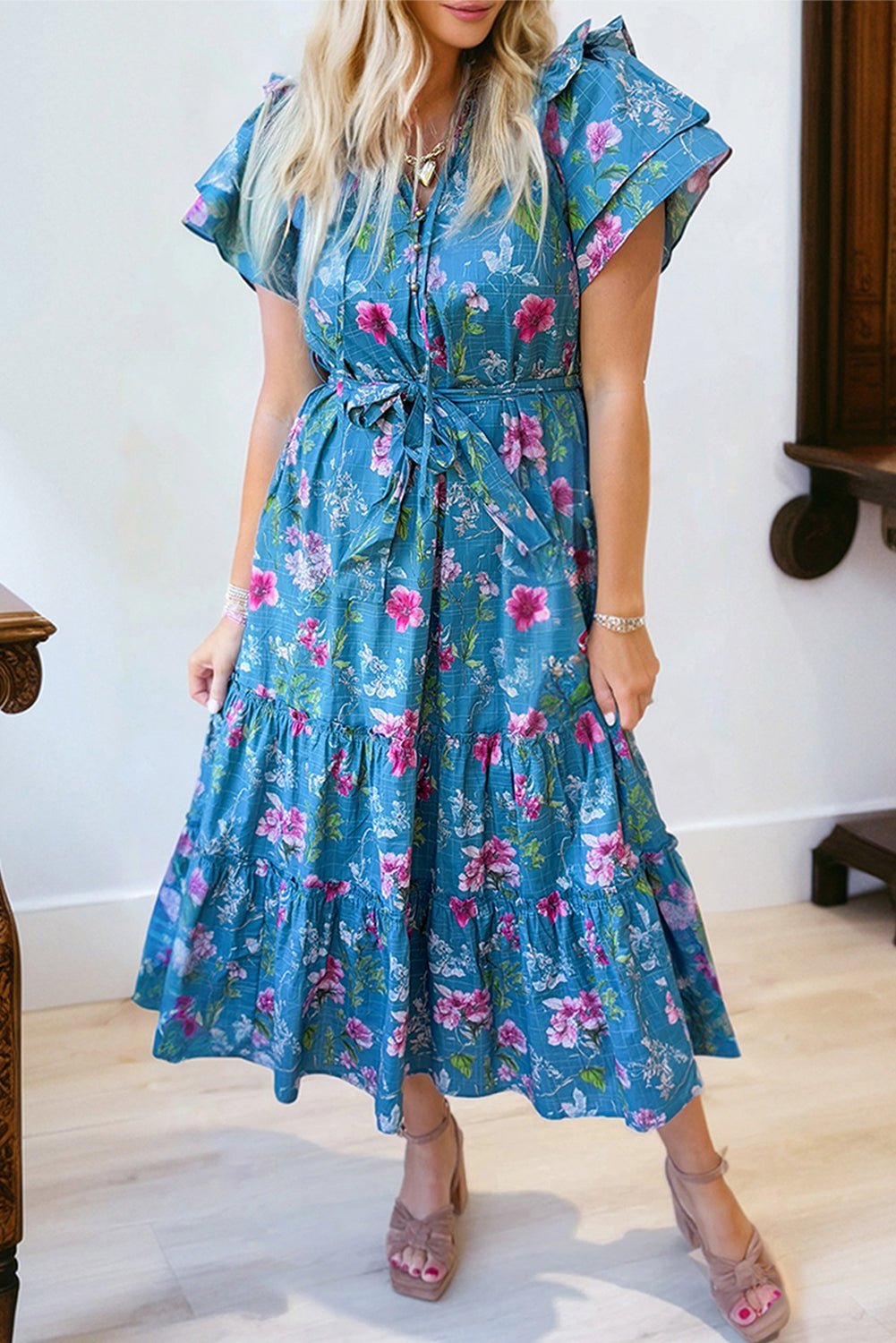 Floral Flutter Sleeve Tie Neck Belted Midi Dress - Rooted & Reckless Co.