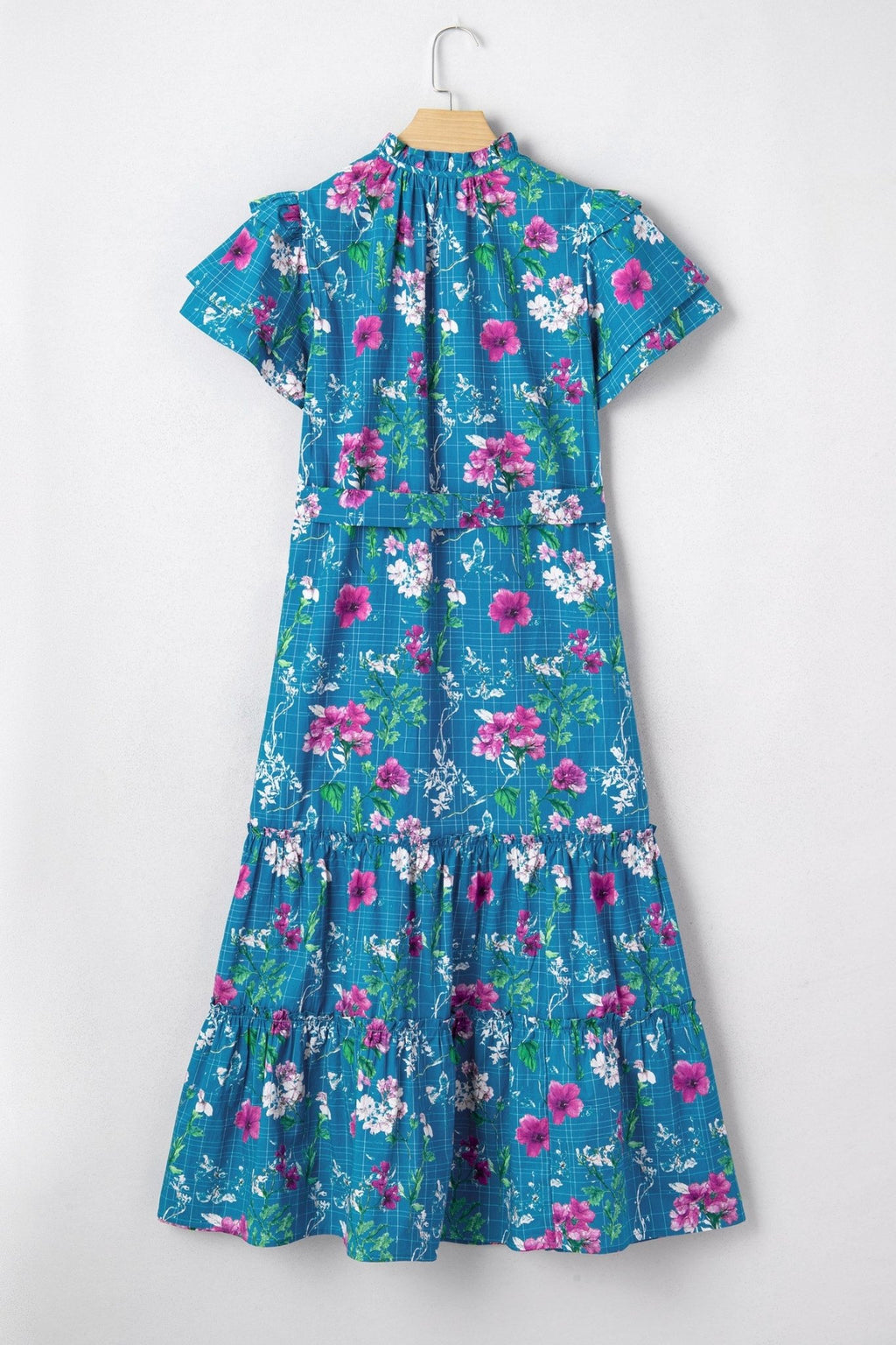 Floral Flutter Sleeve Tie Neck Belted Midi Dress - Rooted & Reckless Co.