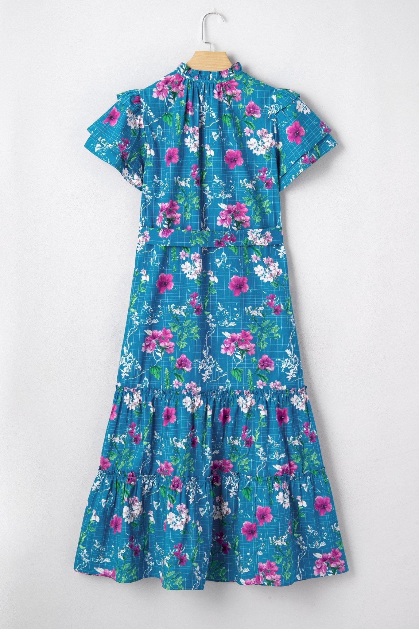 Floral Flutter Sleeve Tie Neck Belted Midi Dress - Rooted & Reckless Co.