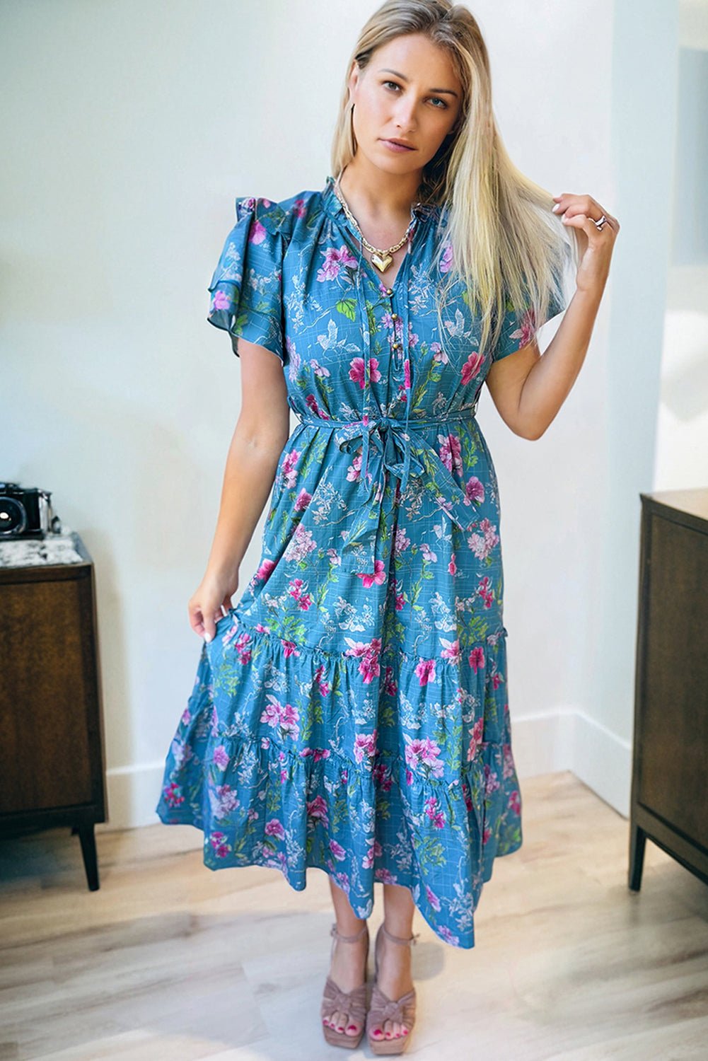 Floral Flutter Sleeve Tie Neck Belted Midi Dress - Rooted & Reckless Co.