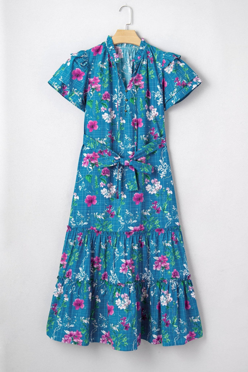 Floral Flutter Sleeve Tie Neck Belted Midi Dress - Rooted & Reckless Co.