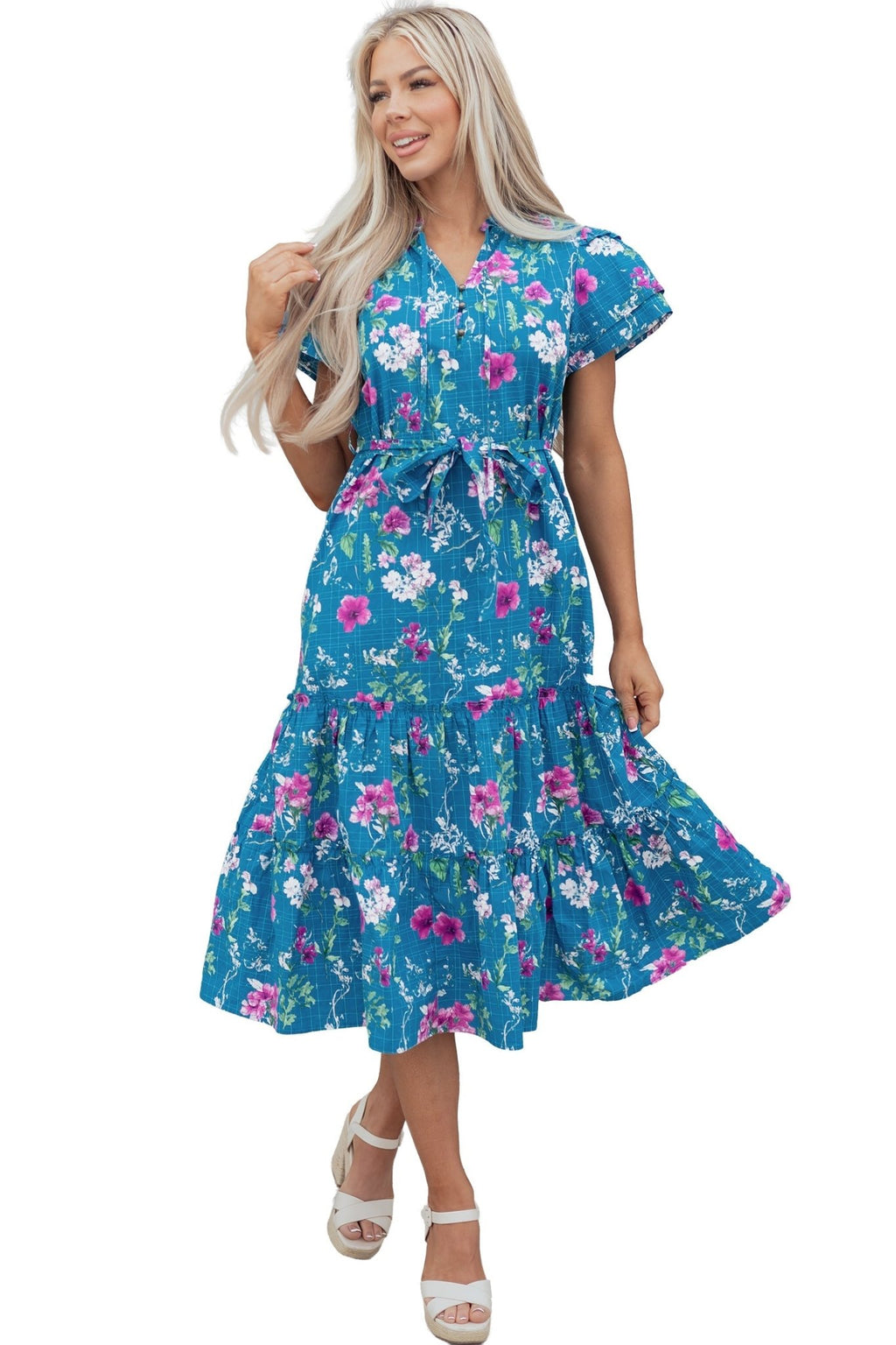 Floral Flutter Sleeve Tie Neck Belted Midi Dress - Rooted & Reckless Co.