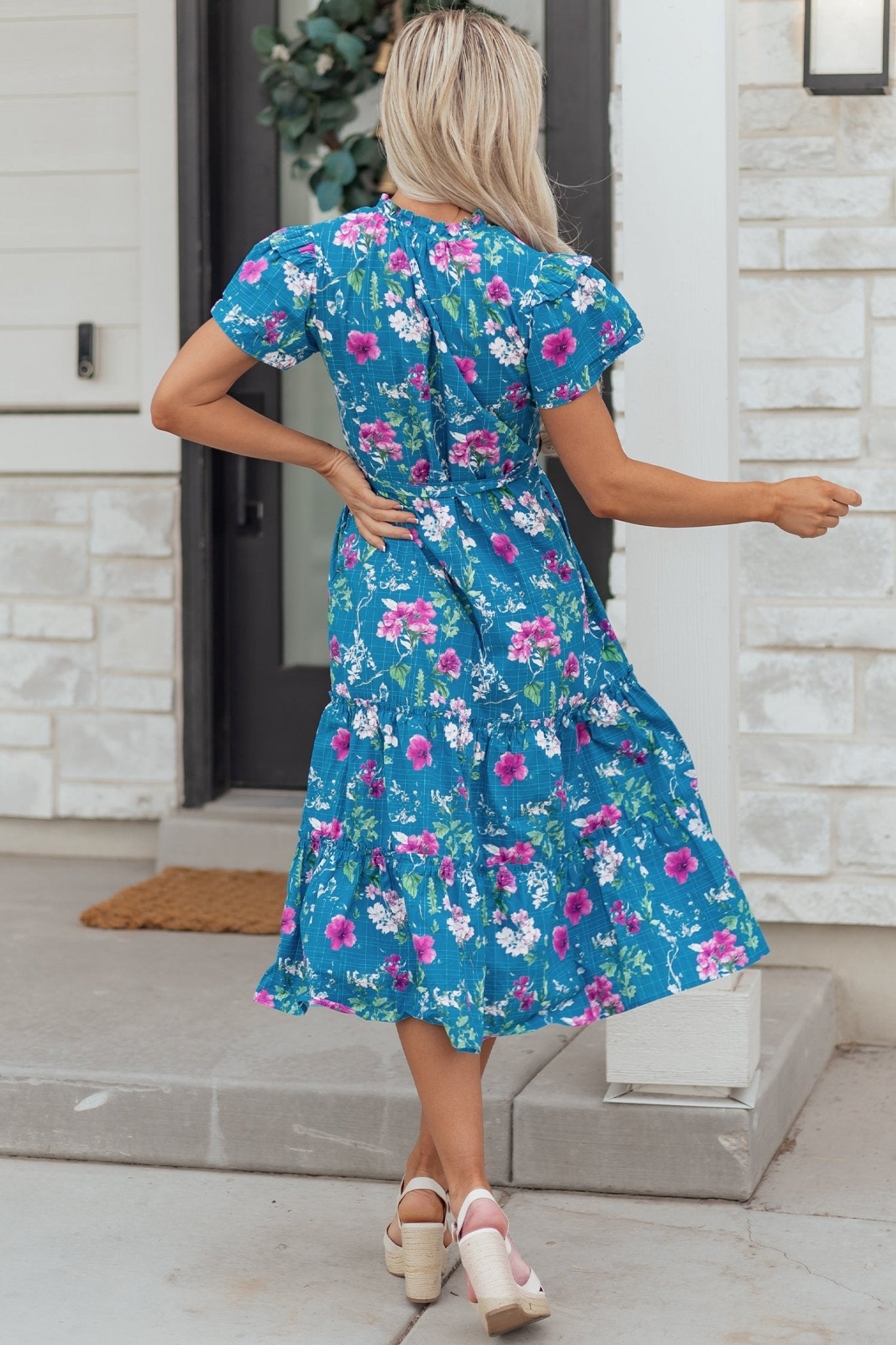 Floral Flutter Sleeve Tie Neck Belted Midi Dress - Rooted & Reckless Co.