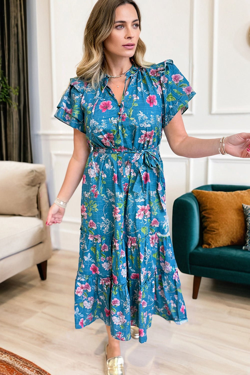 Floral Flutter Sleeve Tie Neck Belted Midi Dress - Rooted & Reckless Co.