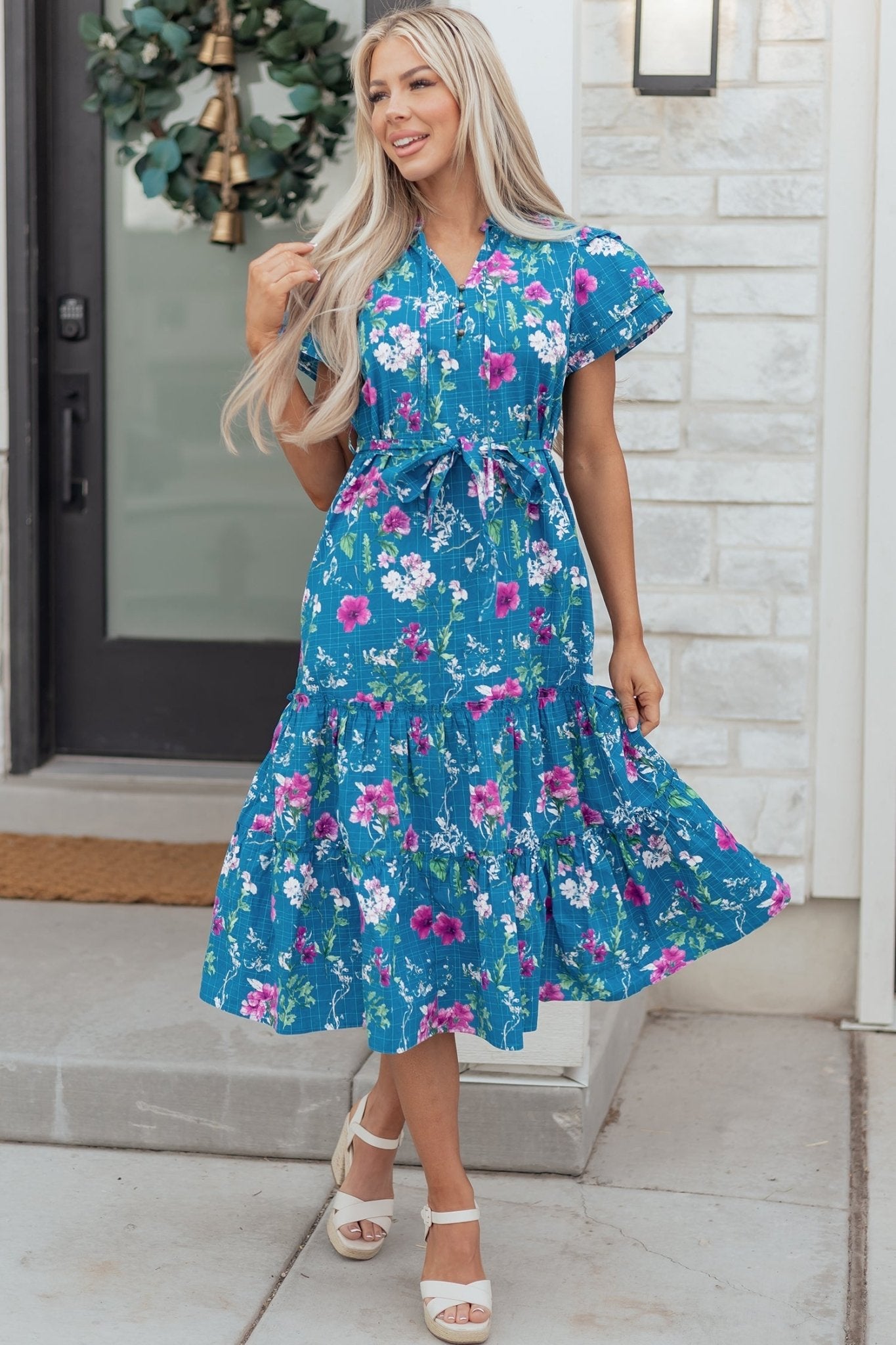 Floral Flutter Sleeve Tie Neck Belted Midi Dress - Rooted & Reckless Co.