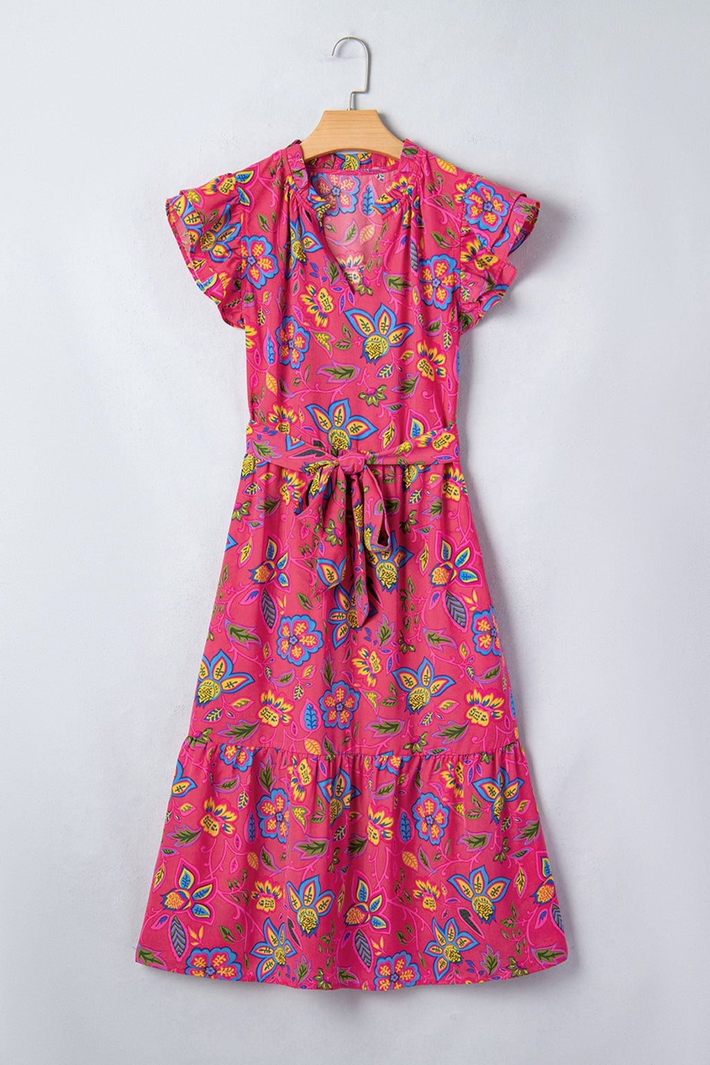 Floral Flutter Sleeve V-Neck Belted Midi Dress - Rooted & Reckless Co.