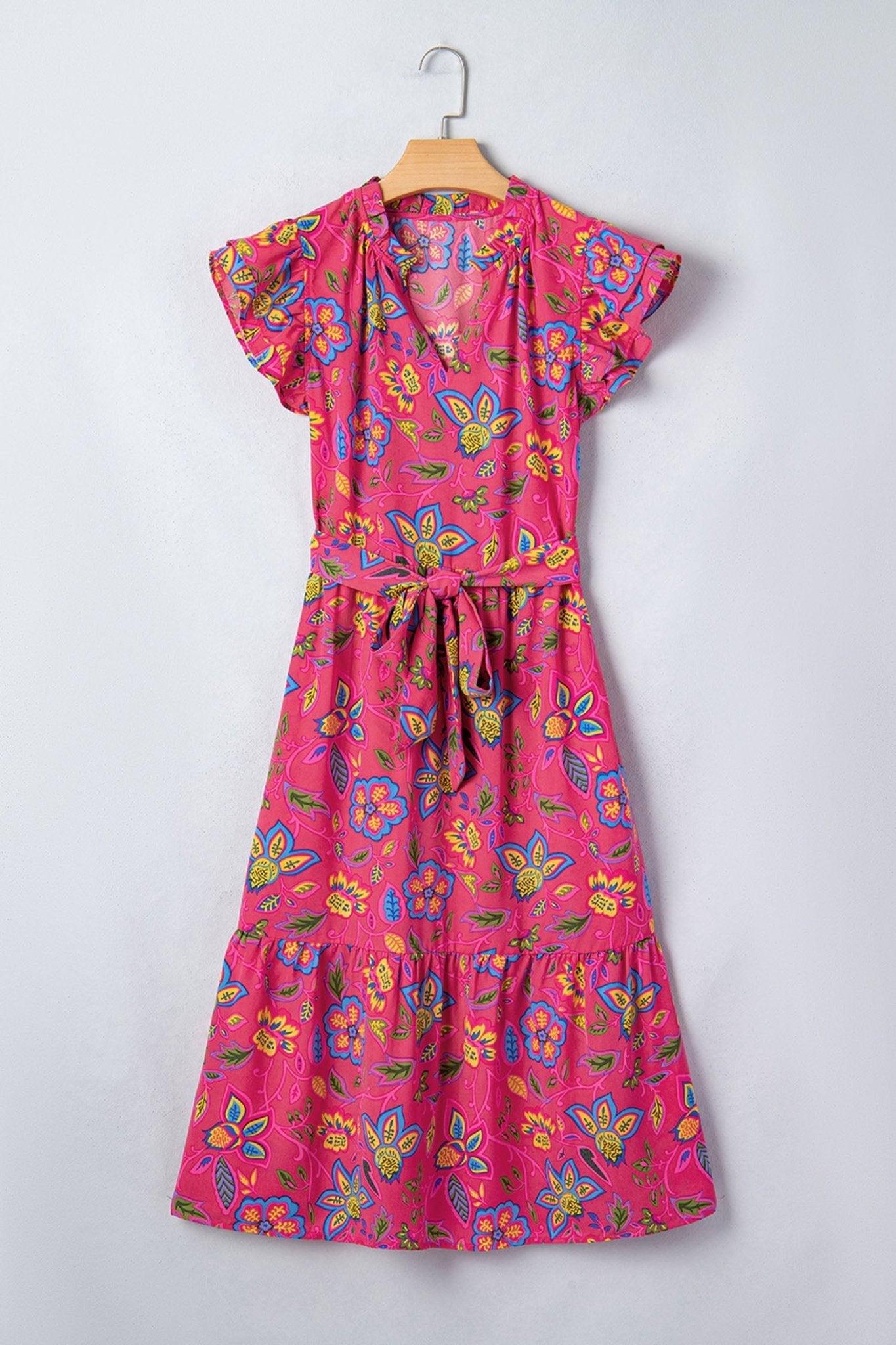 Floral Flutter Sleeve V-Neck Belted Midi Dress - Rooted & Reckless Co.