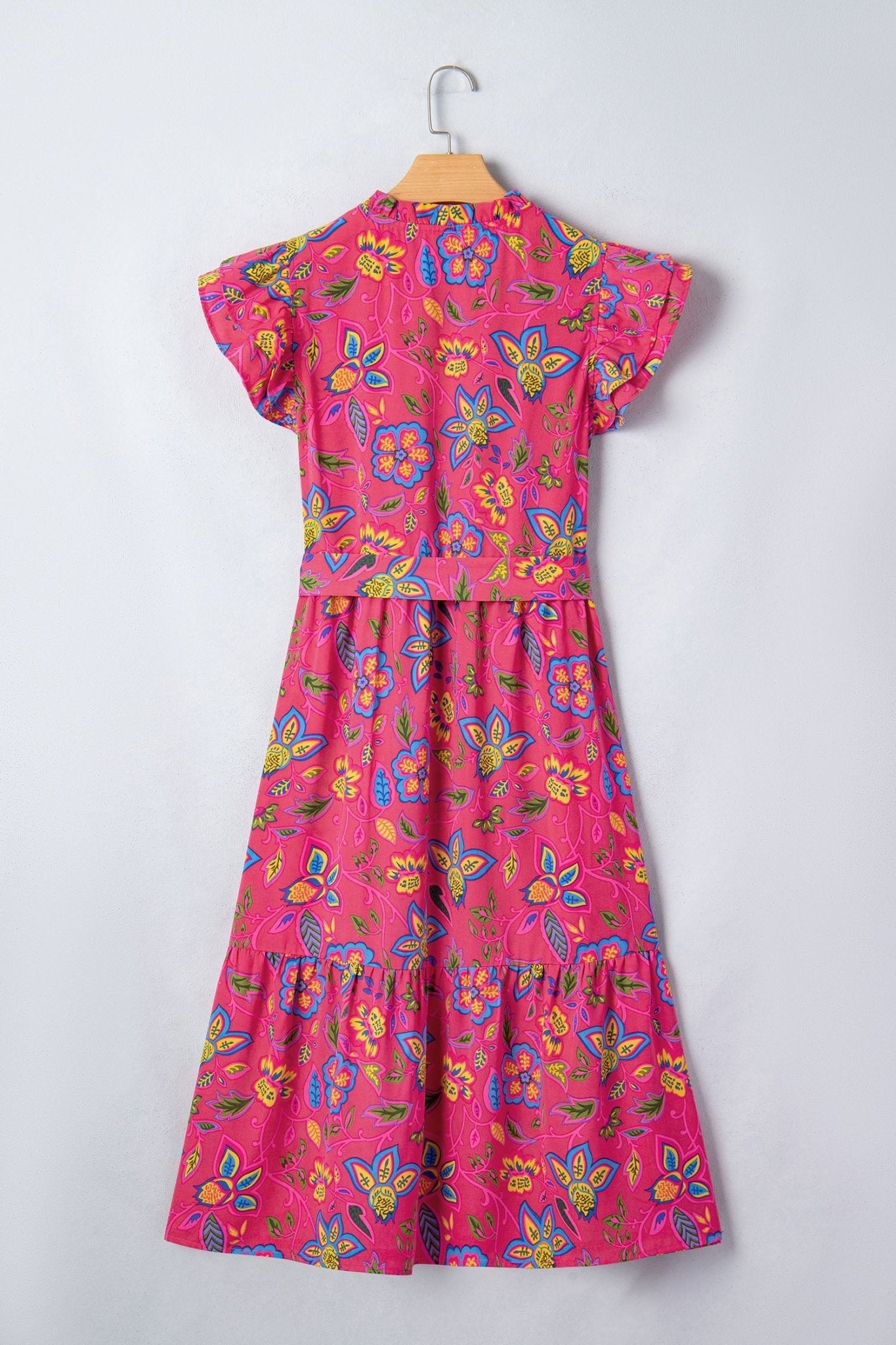 Floral Flutter Sleeve V-Neck Belted Midi Dress - Rooted & Reckless Co.