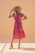 Floral Flutter Sleeve V-Neck Belted Midi Dress - Rooted & Reckless Co.