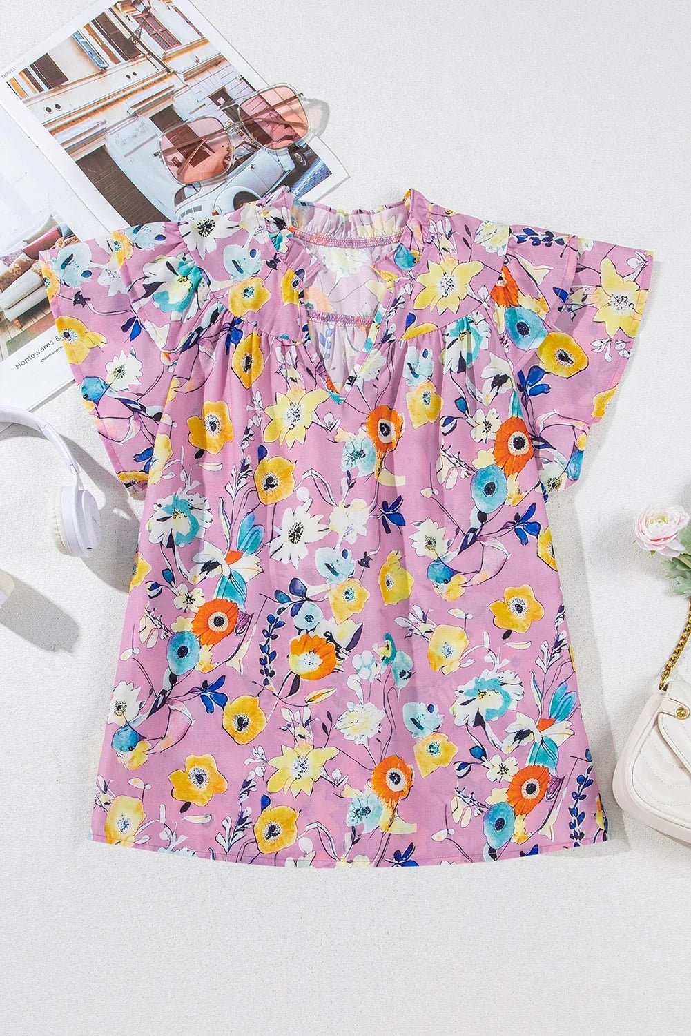 Floral Flutter Sleeve V-Neck Top - Rooted & Reckless Co.