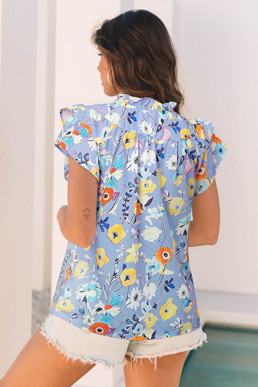 Floral Flutter Sleeve V-Neck Top - Rooted & Reckless Co.