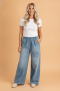 Floral Frayed Denim Raw Hem Wide Leg Jeans - Rooted & Reckless Co.