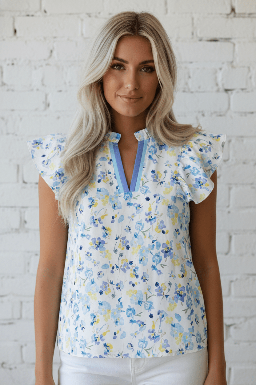 Floral Frill Notch V-Neck Blouse - Rooted & Reckless Co.