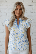 Floral Frill Notch V-Neck Blouse - Rooted & Reckless Co.