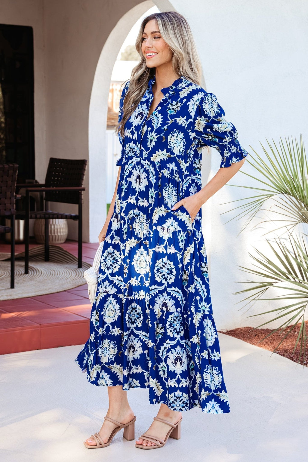 Floral Frilled Collar Puff Sleeve Maxi Dress - Rooted & Reckless Co.