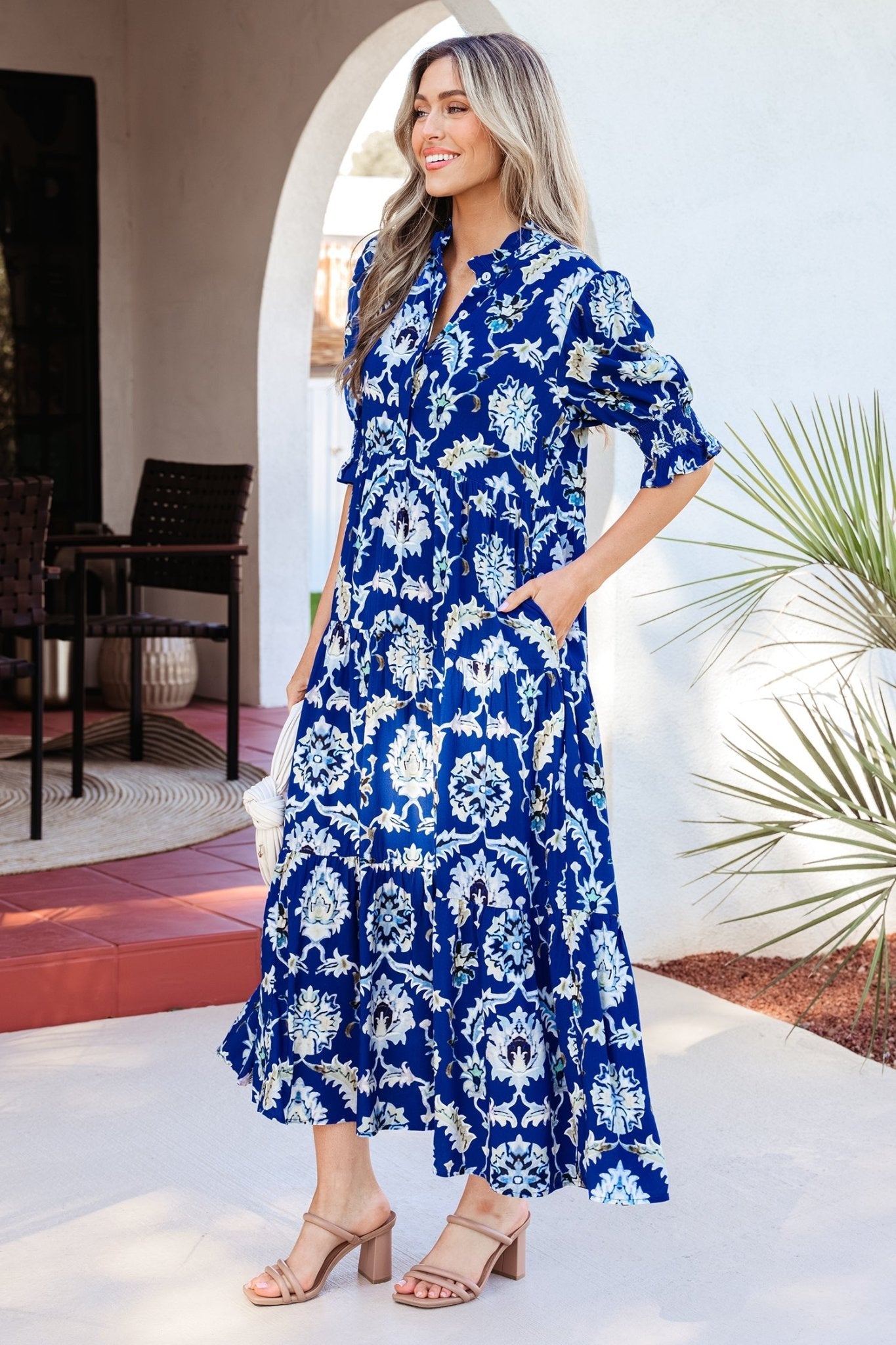 Floral Frilled Collar Puff Sleeve Maxi Dress - Rooted & Reckless Co.