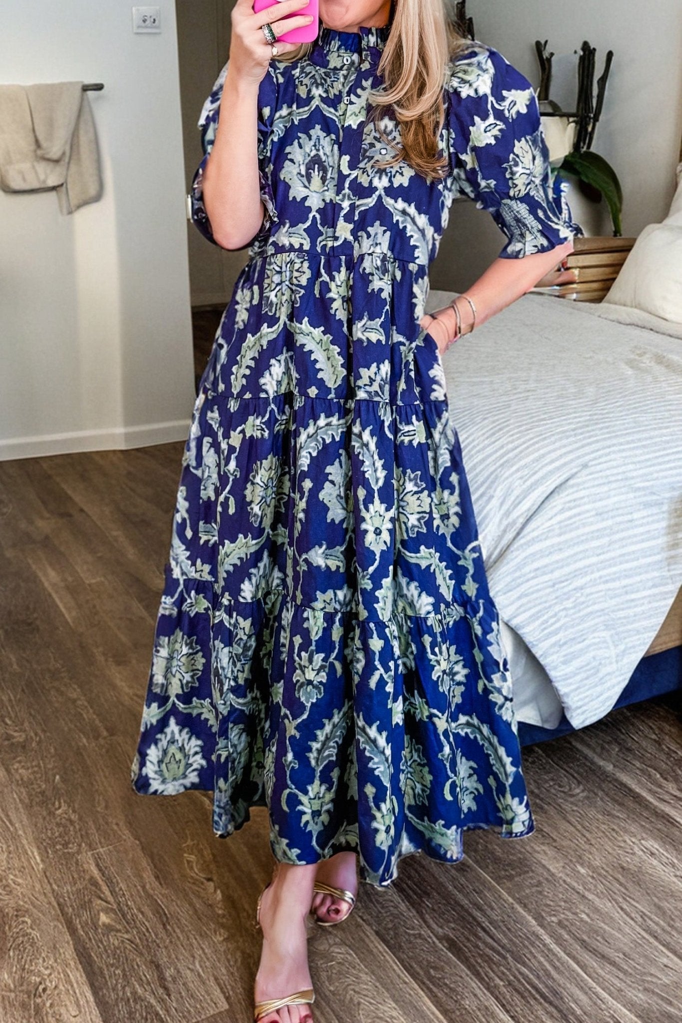 Floral Frilled Collar Puff Sleeve Maxi Dress - Rooted & Reckless Co.