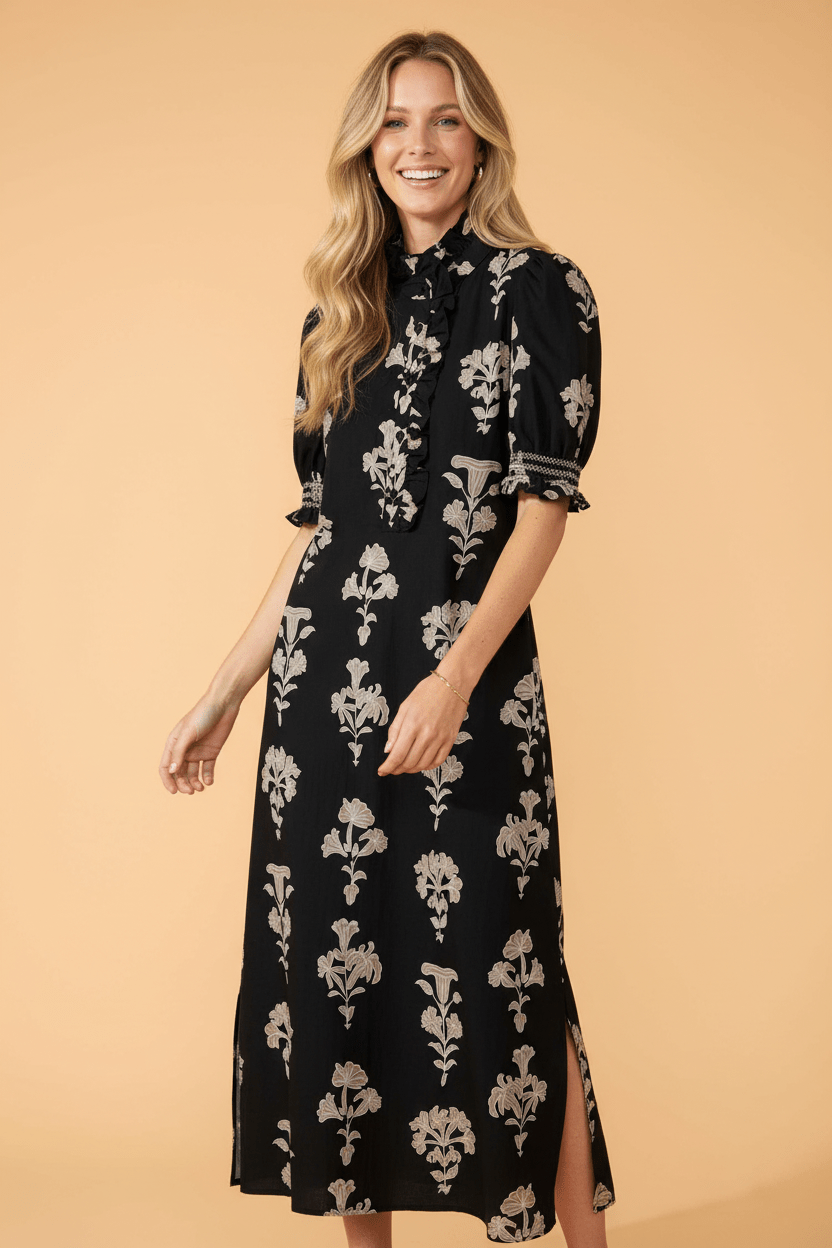 Floral Frilled Collar Short Puff Sleeve Maxi Dress - Rooted & Reckless Co.