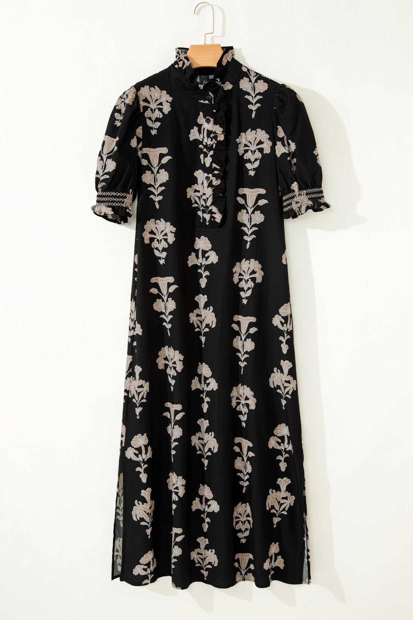 Floral Frilled Collar Short Puff Sleeve Maxi Dress - Rooted & Reckless Co.