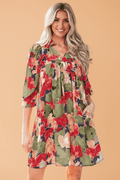 Floral Frilled Collar V-Neck 3/4 Sleeve Dress - Rooted & Reckless Co.