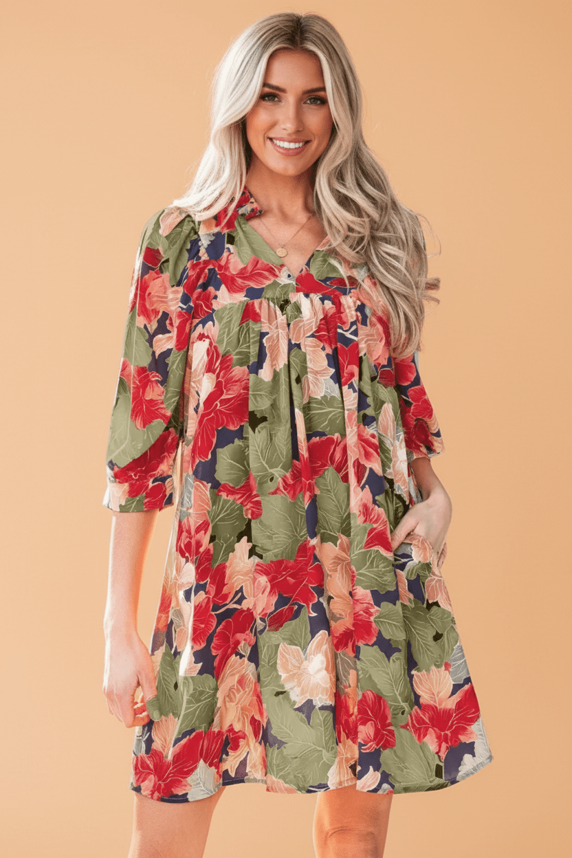 Floral Frilled Collar V-Neck 3/4 Sleeve Dress - Rooted & Reckless Co.