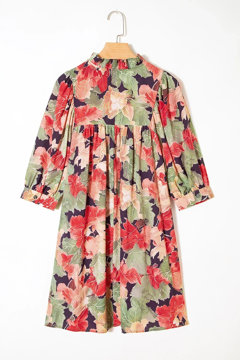 Floral Frilled Collar V-Neck 3/4 Sleeve Dress - Rooted & Reckless Co.