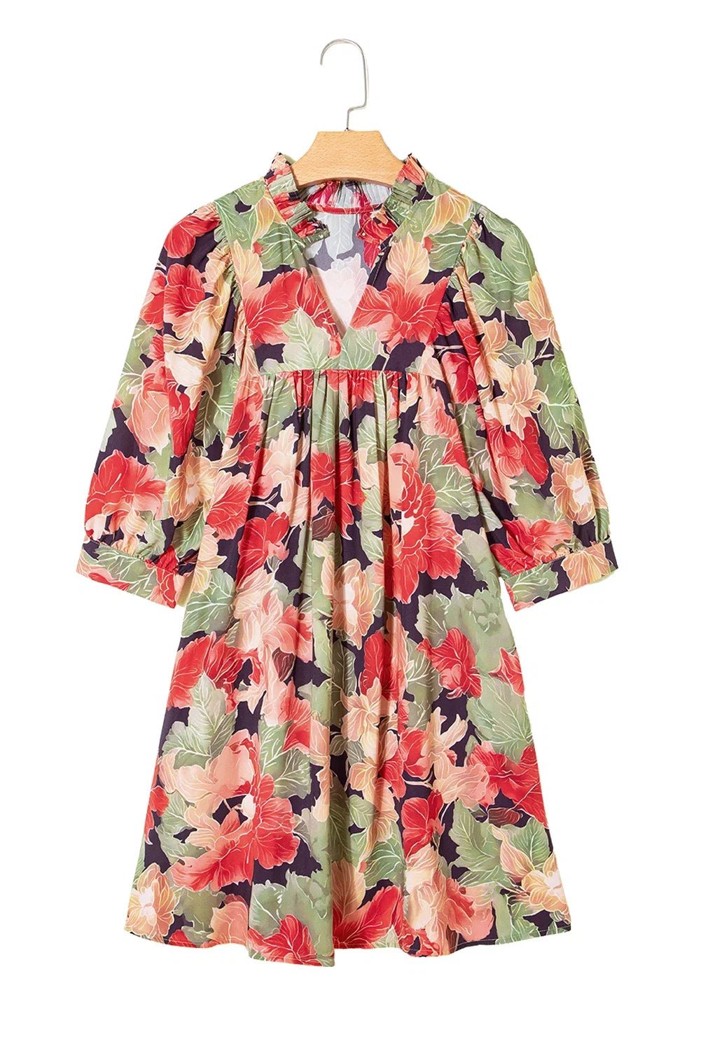 Floral Frilled Collar V-Neck 3/4 Sleeve Dress - Rooted & Reckless Co.
