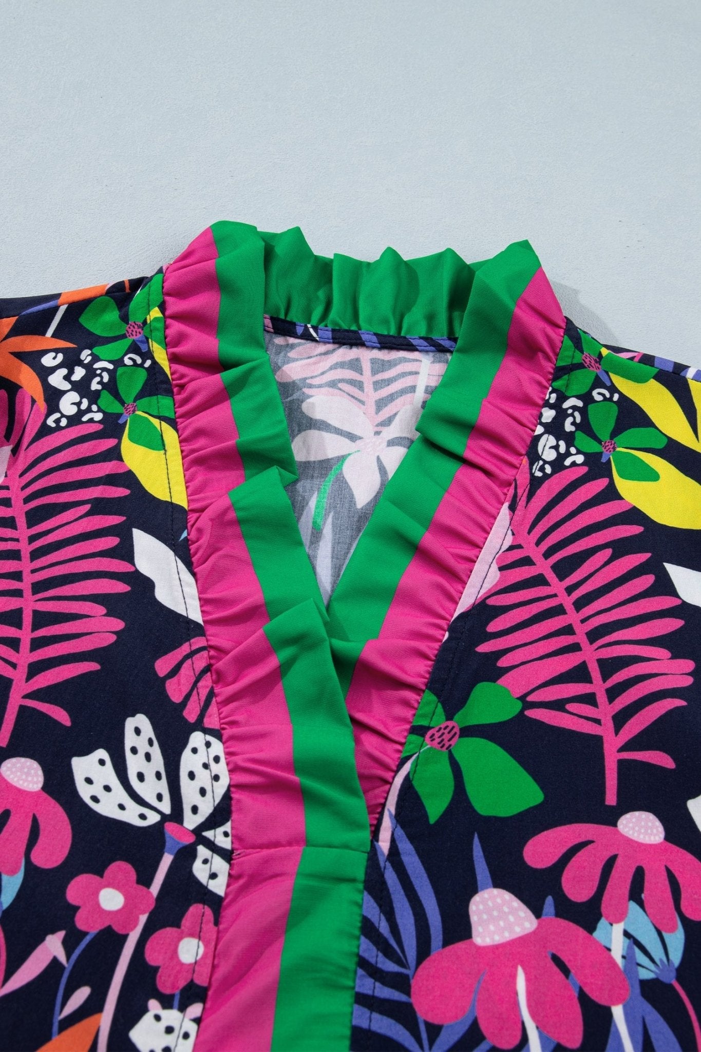 Floral Frilled Contrast Stripe V-Neck Blouse - Rooted & Reckless Co.