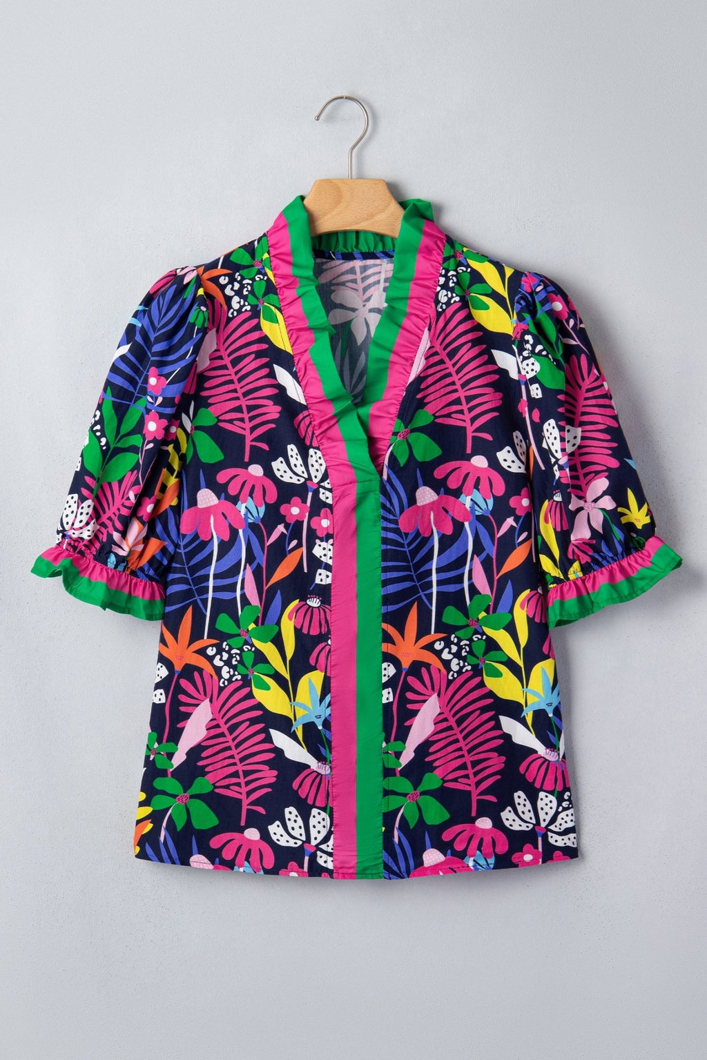 Floral Frilled Contrast Stripe V-Neck Blouse - Rooted & Reckless Co.