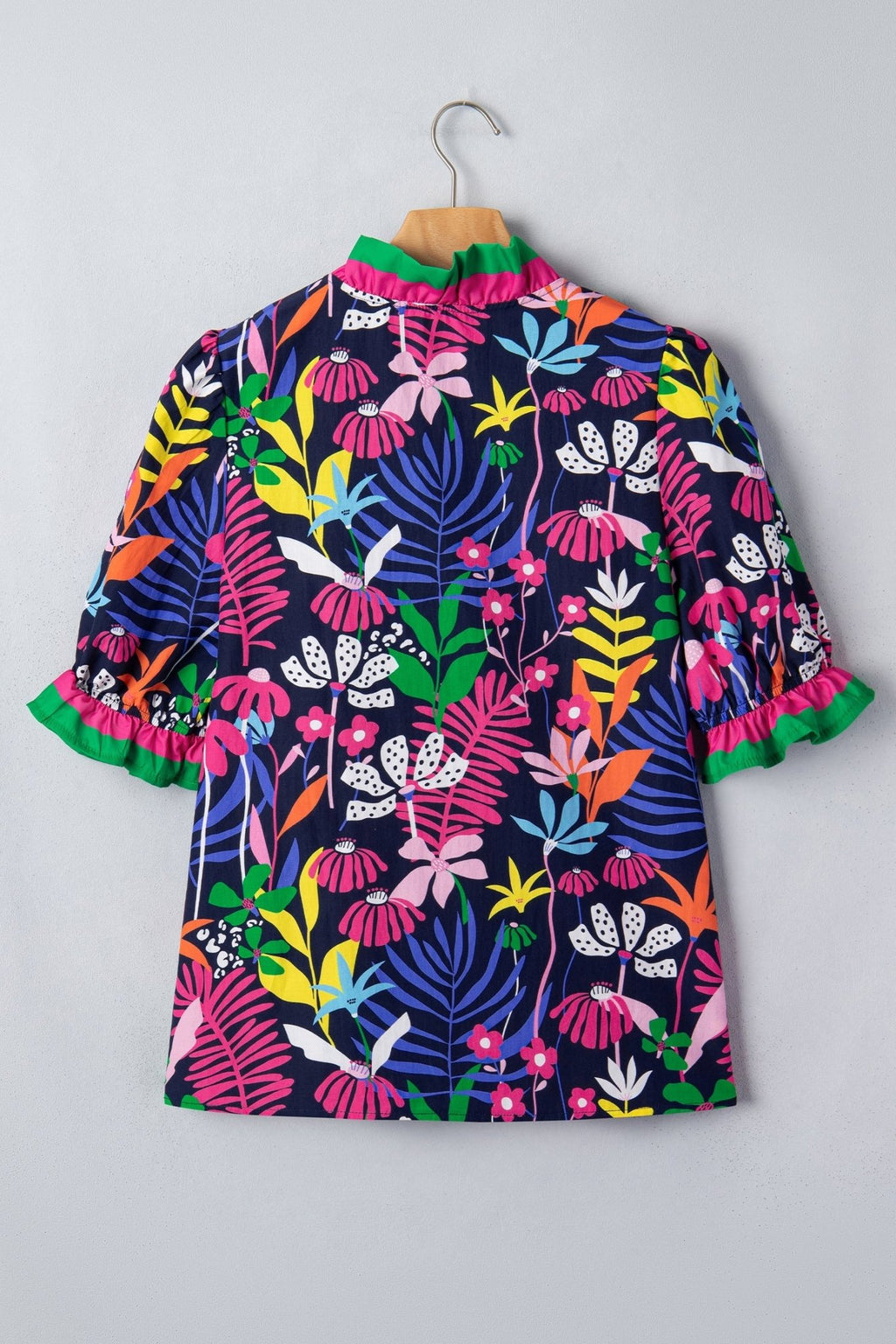 Floral Frilled Contrast Stripe V-Neck Blouse - Rooted & Reckless Co.