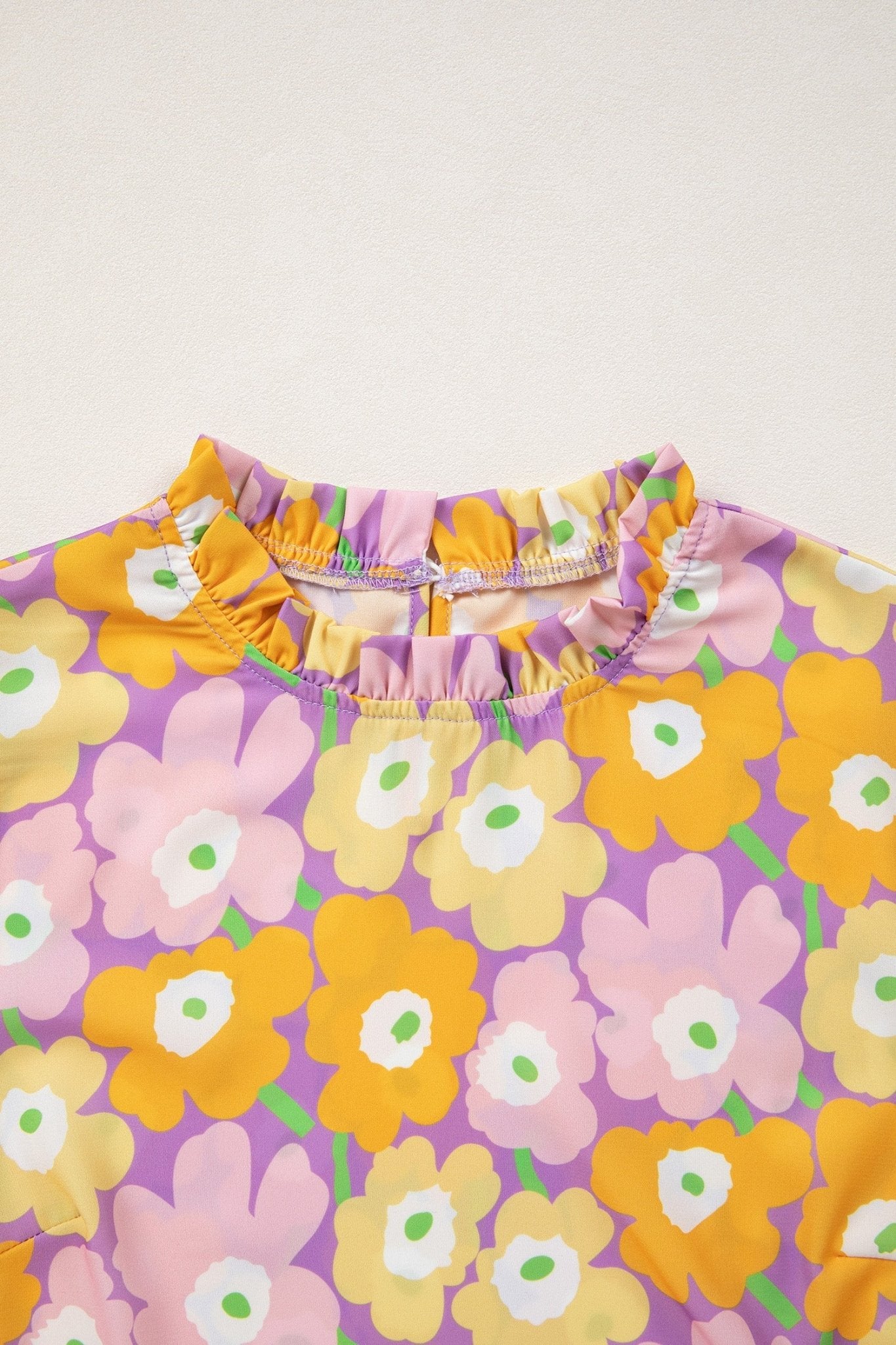 Floral Frilled Neck Puff Short Sleeve Top - Rooted & Reckless Co.