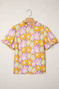 Floral Frilled Neck Puff Short Sleeve Top - Rooted & Reckless Co.