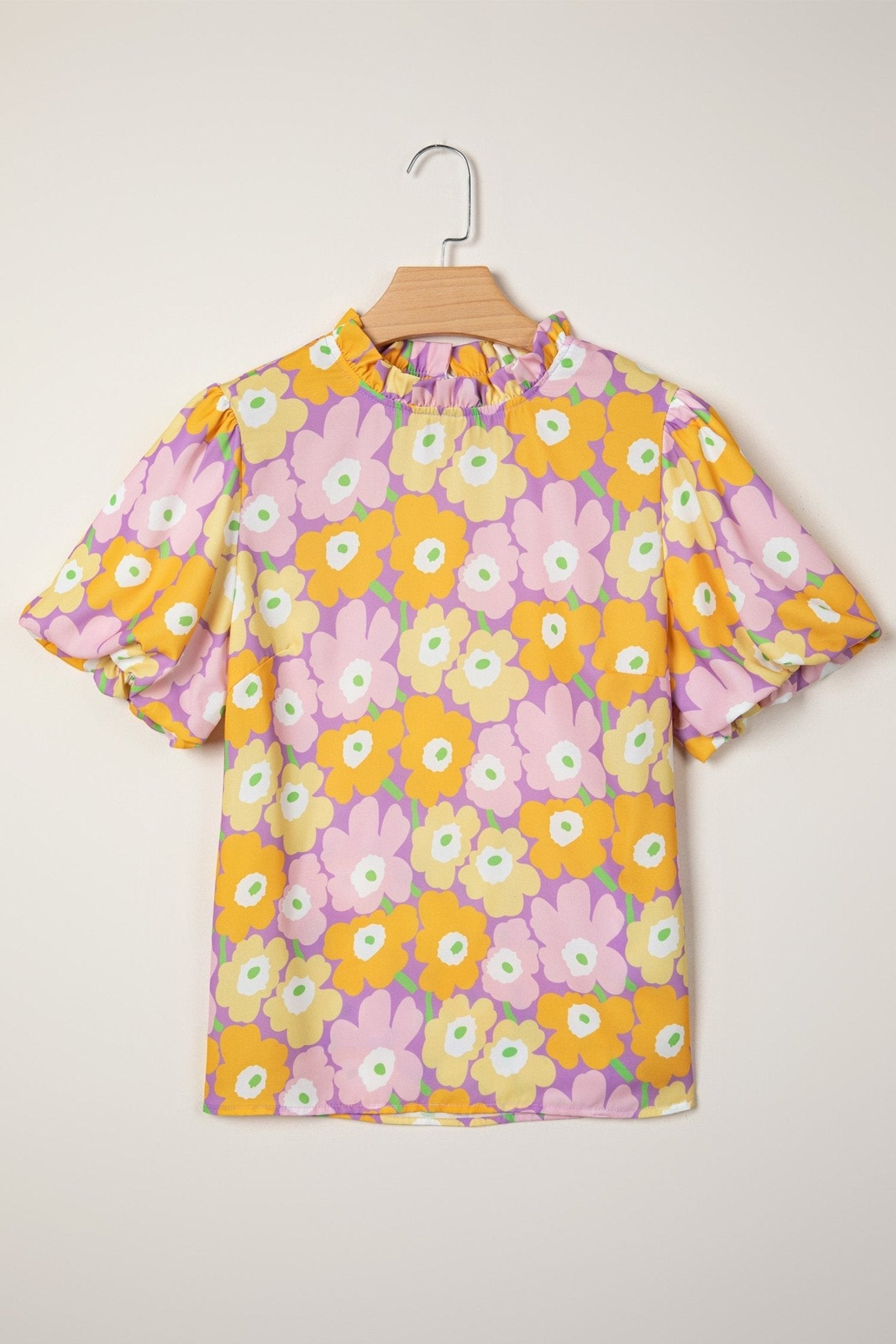 Floral Frilled Neck Puff Short Sleeve Top - Rooted & Reckless Co.